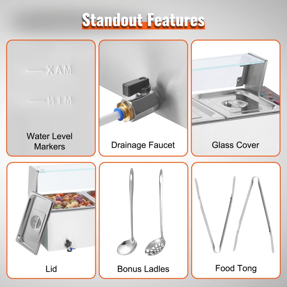 Commercial Electric Food Warmer Countertop Buffet 4*8Qt with Glass Shield