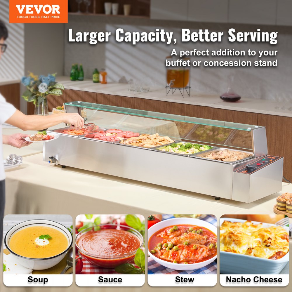 Commercial Electric Food Warmer Countertop Buffet 5*8Qt with Glass Shield