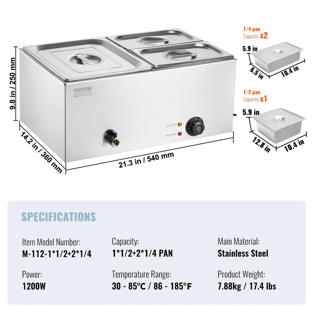 Commercial Electric Food Warmer 3-Pan Countertop Buffet 17QT Bain Marie