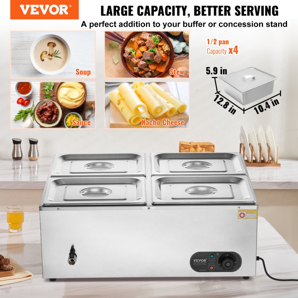 Commercial Electric Food Warmer Countertop Buffet 4*8Qt Pan Bain Marie