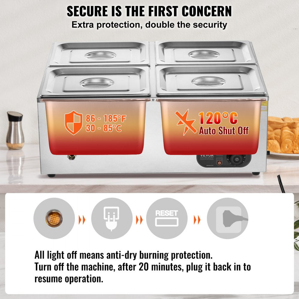 Commercial Electric Food Warmer Countertop Buffet 4*8Qt Pan Bain Marie