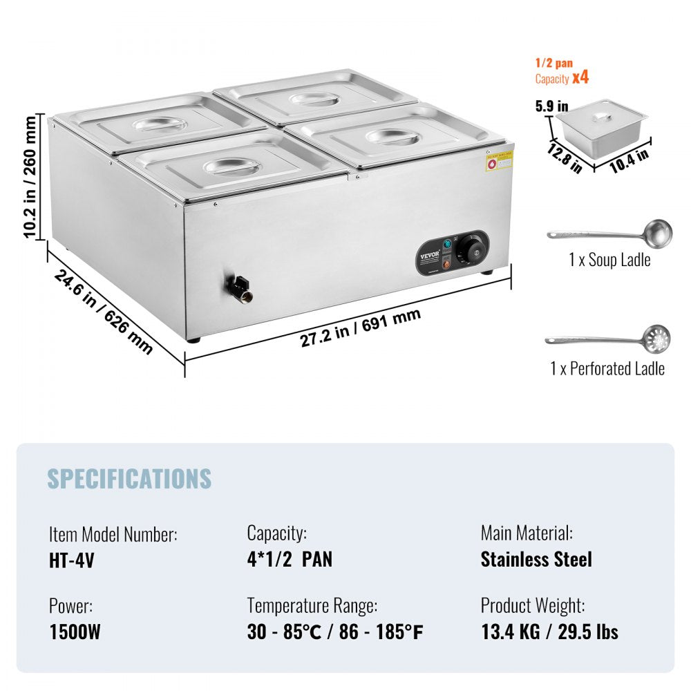 Commercial Electric Food Warmer Countertop Buffet 4*8Qt Pan Bain Marie
