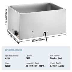Commercial Electric Food Warmer Countertop Buffet 19Qt 1200W Bain Marie
