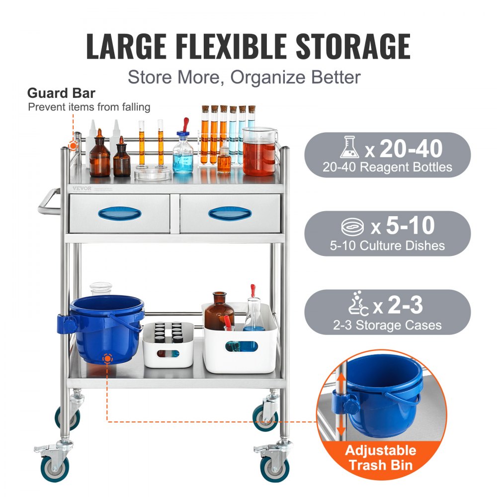 Lab Serving Cart, 2 Layers Stainless Steel Utility Rolling Cart, Medical Cart with Two Drawers, Dental Utility Cart with Lockable Wheels and A Bucket, for Laboratory, Hospital, Dental Use