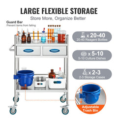 Lab Serving Cart, 2 Layers Stainless Steel Utility Rolling Cart, Medical Cart with Two Drawers, Dental Utility Cart with Lockable Wheels and A Bucket, for Laboratory, Hospital, Dental Use