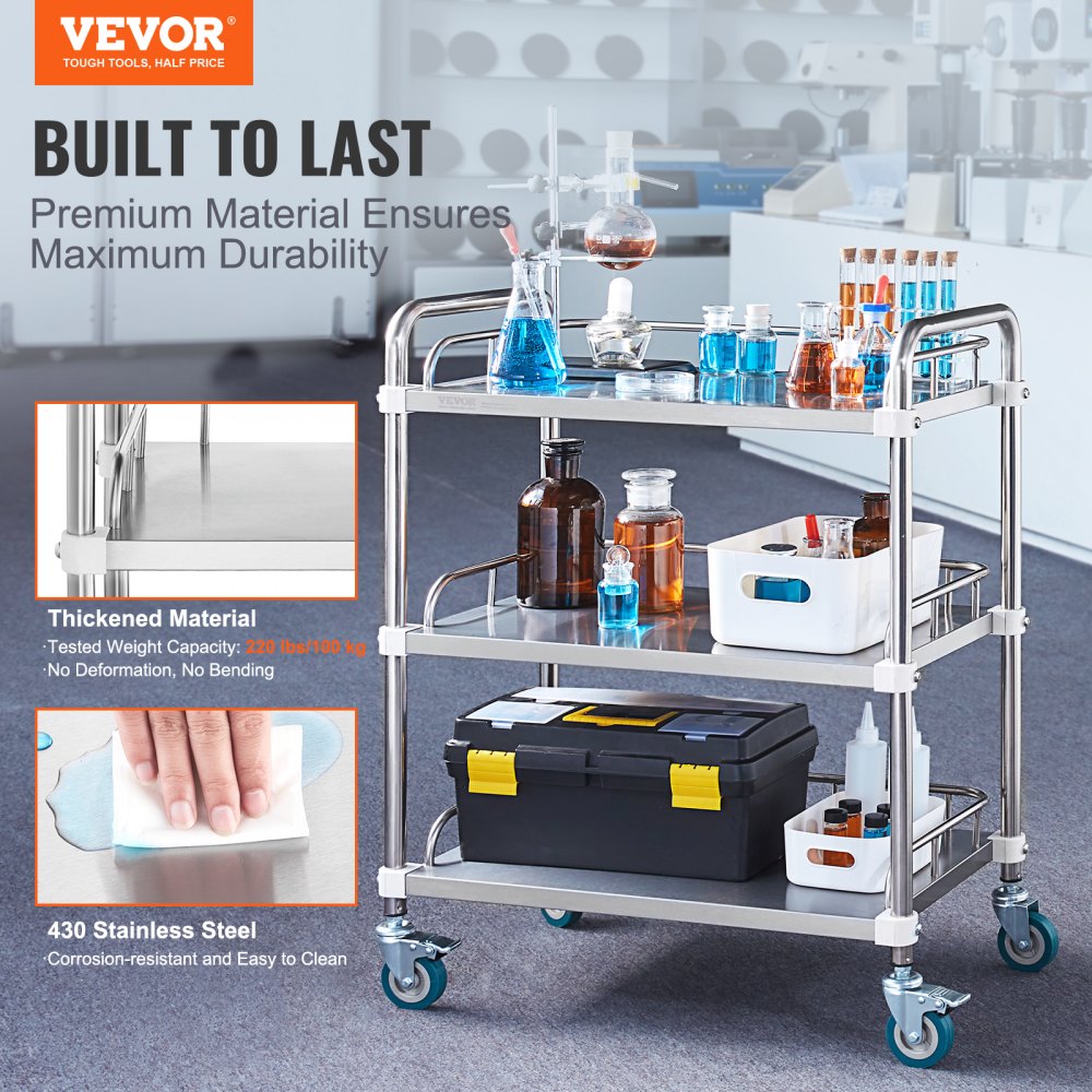 Lab Rolling Cart, 3-Shelf Stainless Steel Rolling Cart, Lab Serving Cart with Swivel Casters, Dental Utility Cart for Clinic, Lab,  Hospital, Salon, 26.38"x15.55"x34.13"