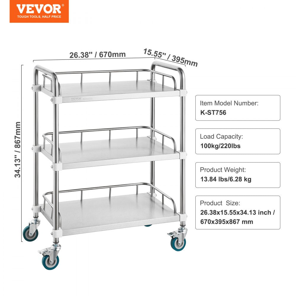 Lab Rolling Cart, 3-Shelf Stainless Steel Rolling Cart, Lab Serving Cart with Swivel Casters, Dental Utility Cart for Clinic, Lab,  Hospital, Salon, 26.38"x15.55"x34.13"