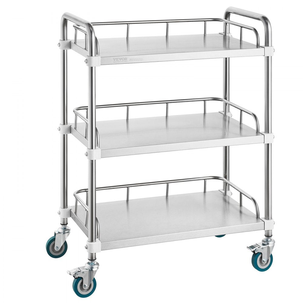 Lab Rolling Cart, 3-Shelf Stainless Steel Rolling Cart, Lab Serving Cart with Swivel Casters, Dental Utility Cart for Clinic, Lab,  Hospital, Salon, 26.38"x15.55"x34.13"