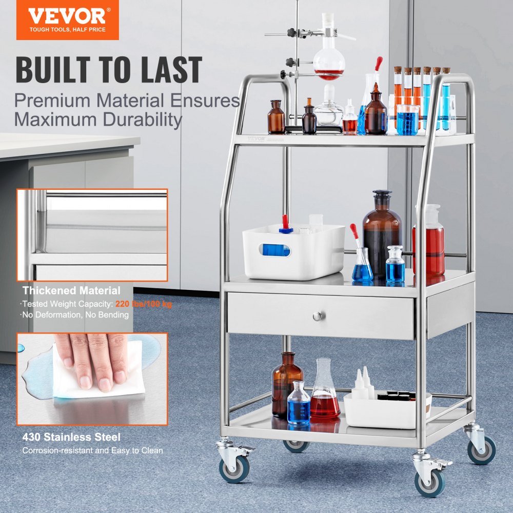 Lab Serving Cart, 3 Layers Stainless Steel Utility Rolling Cart, Medical Cart with A Drawer, Dental Utility Cart with Lockable Wheels, for Laboratory, Hospital, Dental Use