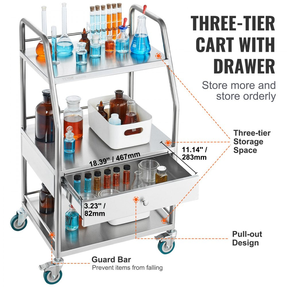 Lab Serving Cart, 3 Layers Stainless Steel Utility Rolling Cart, Medical Cart with A Drawer, Dental Utility Cart with Lockable Wheels, for Laboratory, Hospital, Dental Use
