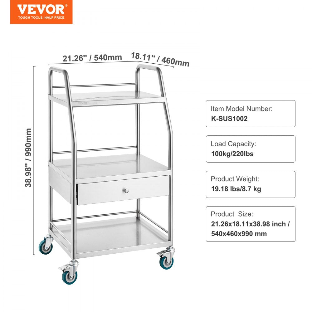 Lab Serving Cart, 3 Layers Stainless Steel Utility Rolling Cart, Medical Cart with A Drawer, Dental Utility Cart with Lockable Wheels, for Laboratory, Hospital, Dental Use