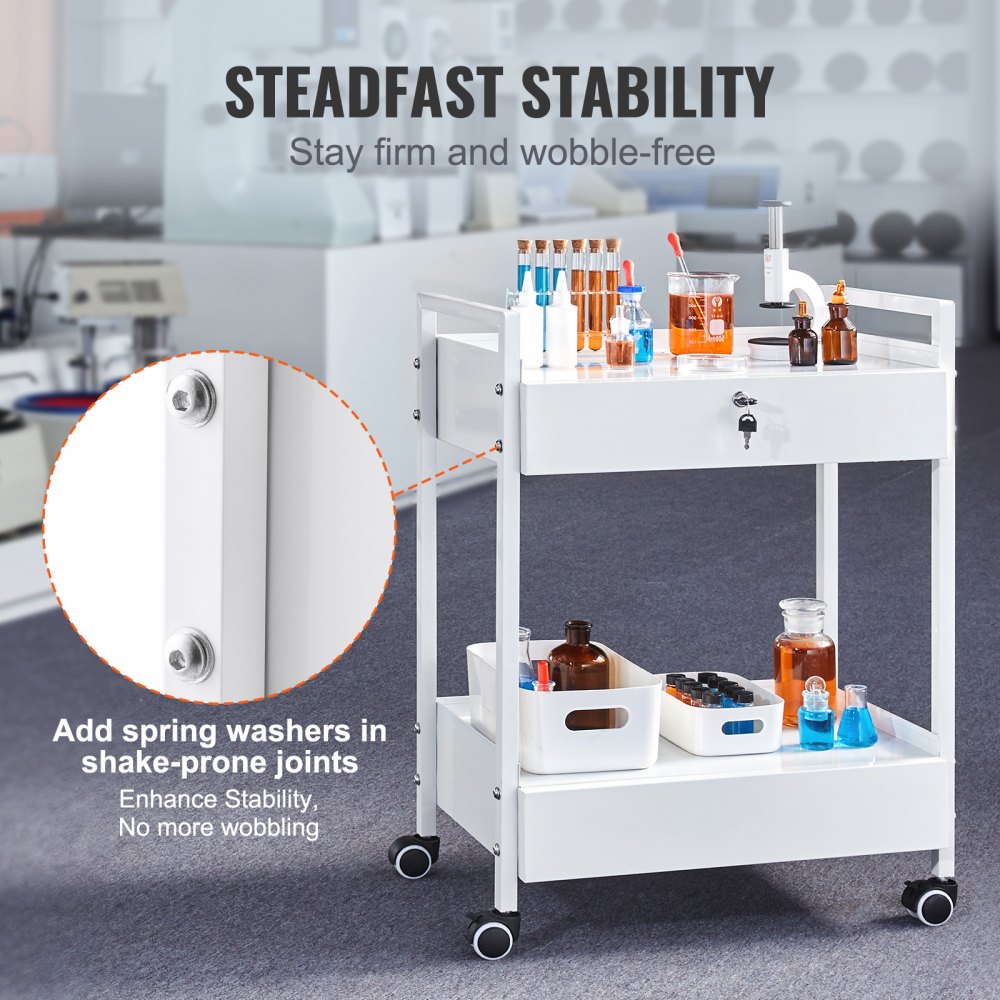 Lab Cart, 2 Tiers Stainless Steel Utility Cart, Medical Cart with 2 Drawers, Rolling Lab Cart White Paint, Serving Cart with Swivel Casters for Laboratory, Hospital, Dental, Salon and Beauty