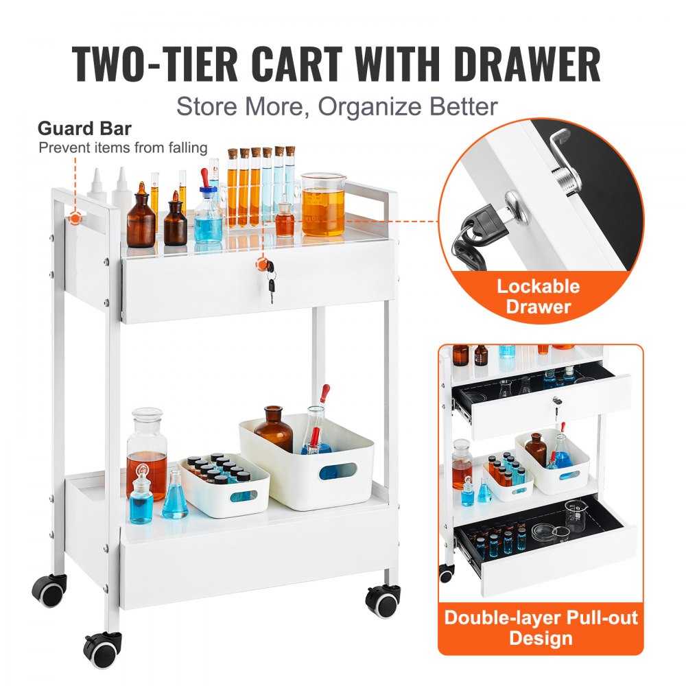 Lab Cart, 2 Tiers Stainless Steel Utility Cart, Medical Cart with 2 Drawers, Rolling Lab Cart White Paint, Serving Cart with Swivel Casters for Laboratory, Hospital, Dental, Salon and Beauty