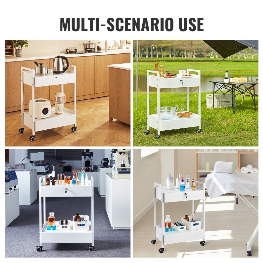 Lab Cart, 2 Tiers Stainless Steel Utility Cart, Medical Cart with 2 Drawers, Rolling Lab Cart White Paint, Serving Cart with Swivel Casters for Laboratory, Hospital, Dental, Salon and Beauty
