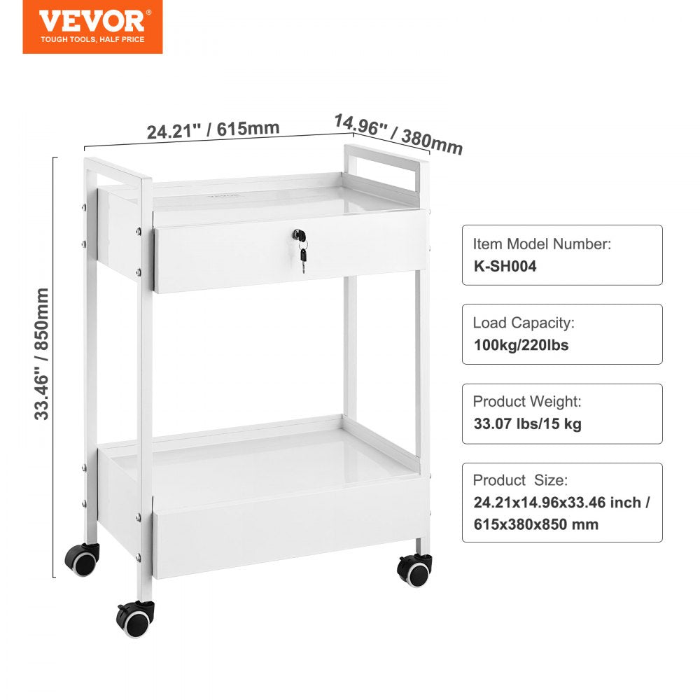 Lab Cart, 2 Tiers Stainless Steel Utility Cart, Medical Cart with 2 Drawers, Rolling Lab Cart White Paint, Serving Cart with Swivel Casters for Laboratory, Hospital, Dental, Salon and Beauty