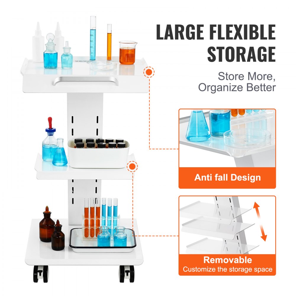 Lab Trolley, Rolling Lab Cart with Built-in Socket, 3-Layer Metal Mobile Trolley, Tray Rolling Clinic Cart with Swivel Wheels, 220 lbs Weight Capacity, for Lab, Clinic, Beauty and Salon
