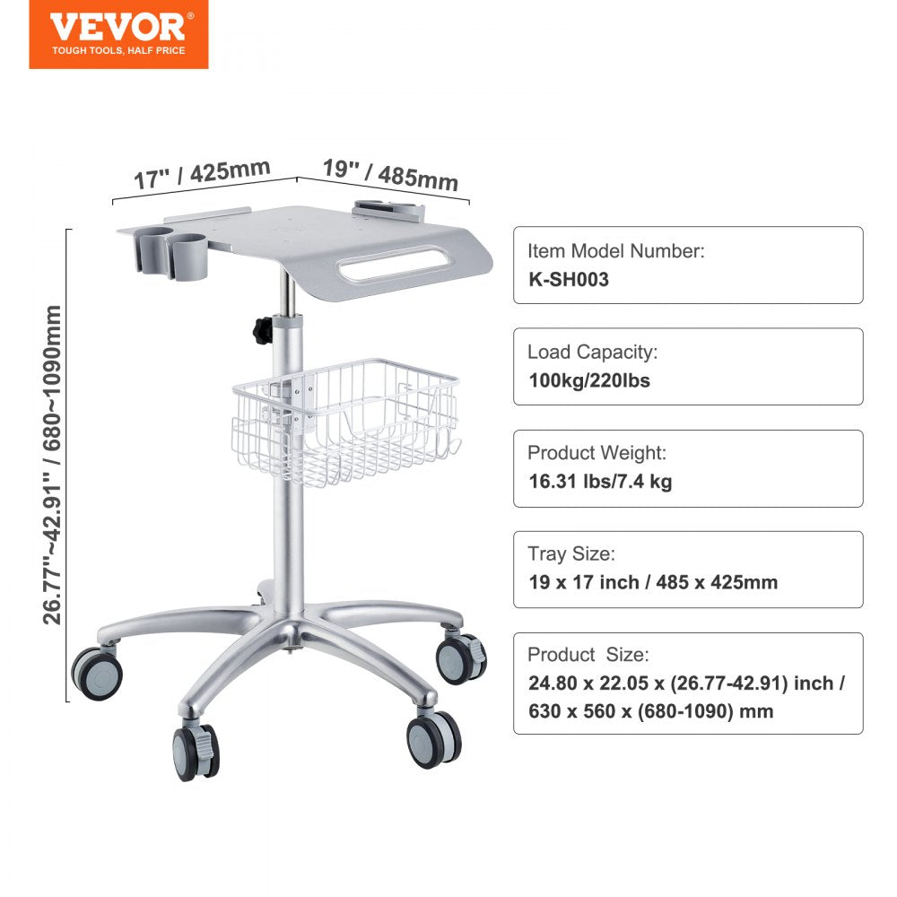 Medical Cart, Salon Cart with Wheels, Mobile Trolley Cart 26.77"-42.91" Height Adjustable, Metal Salon Stations for Hair Stylist, Rolling Desktop Lab Cart for Clinic, Beauty and Salon