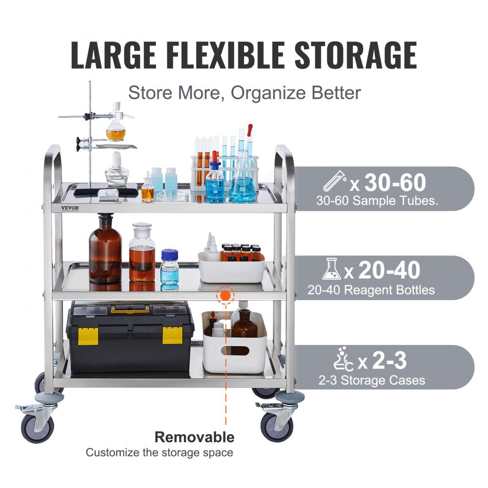  Stainless Steel Cart, 3 Layers Lab Utility Cart 400 lbs Weight Capacity, Medical Cart with Lockable Universal Wheels, for Lab, Clinic, Kitchen, Salon