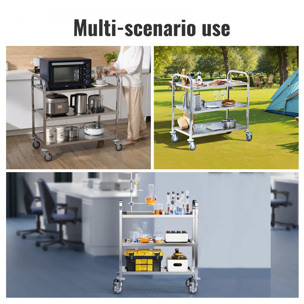  Stainless Steel Cart, 3 Layers Lab Utility Cart 400 lbs Weight Capacity, Medical Cart with Lockable Universal Wheels, for Lab, Clinic, Kitchen, Salon
