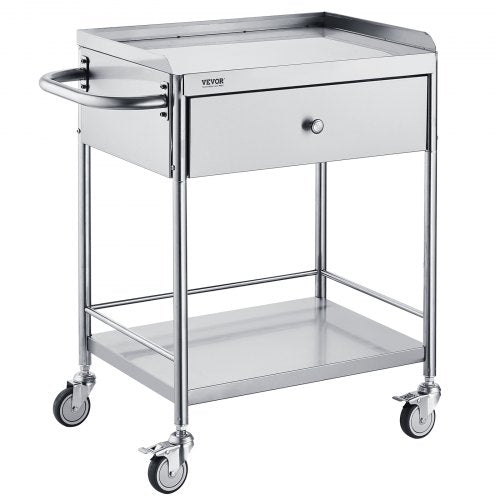  Medical Cart, 2-Layer Stainless Steel Cart 220 lbs Weight Capacity, Lab Utility Cart with 360° Silent Wheels and a Drawer for Lab, Clinic, Kitchen, Salon