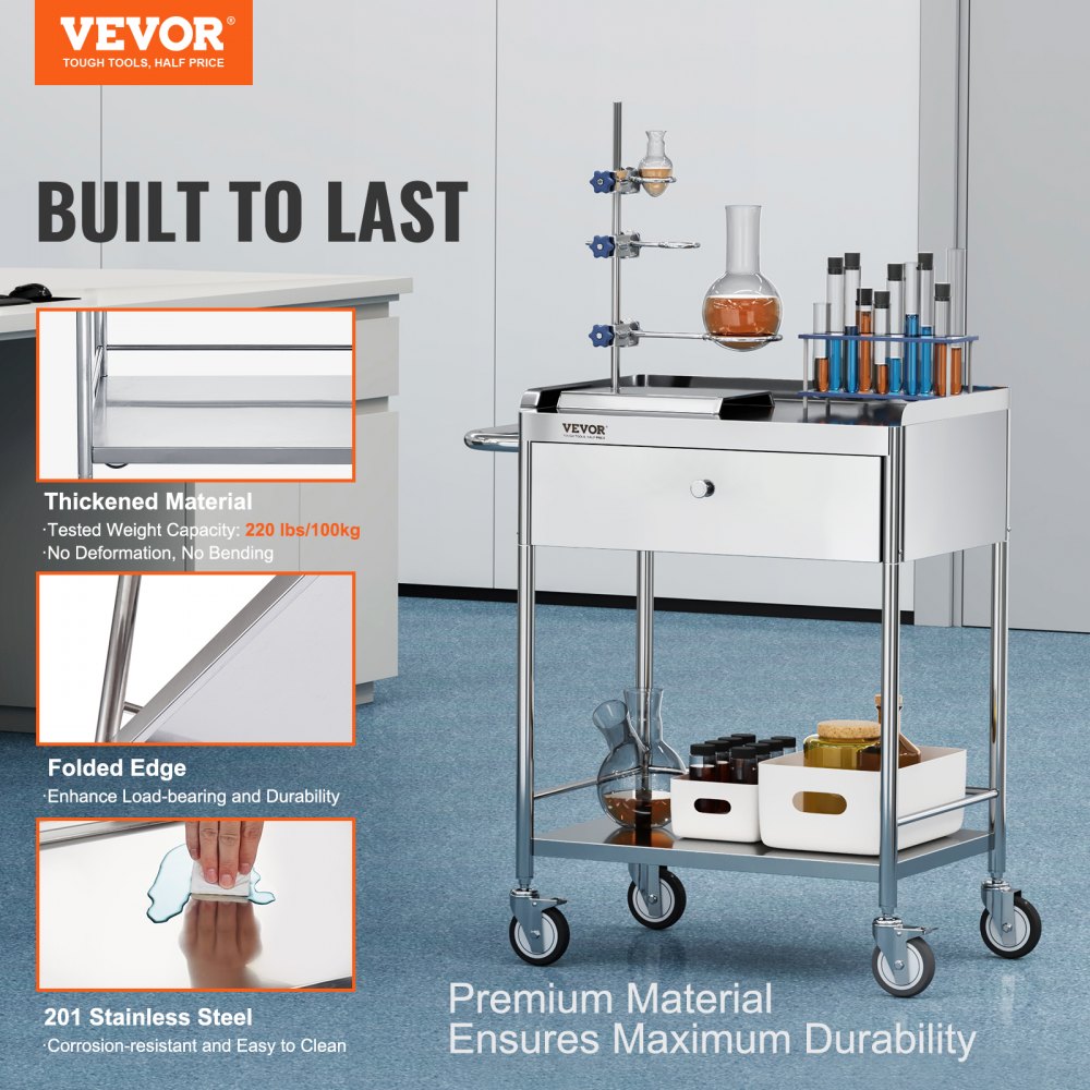  Medical Cart, 2-Layer Stainless Steel Cart 220 lbs Weight Capacity, Lab Utility Cart with 360° Silent Wheels and a Drawer for Lab, Clinic, Kitchen, Salon