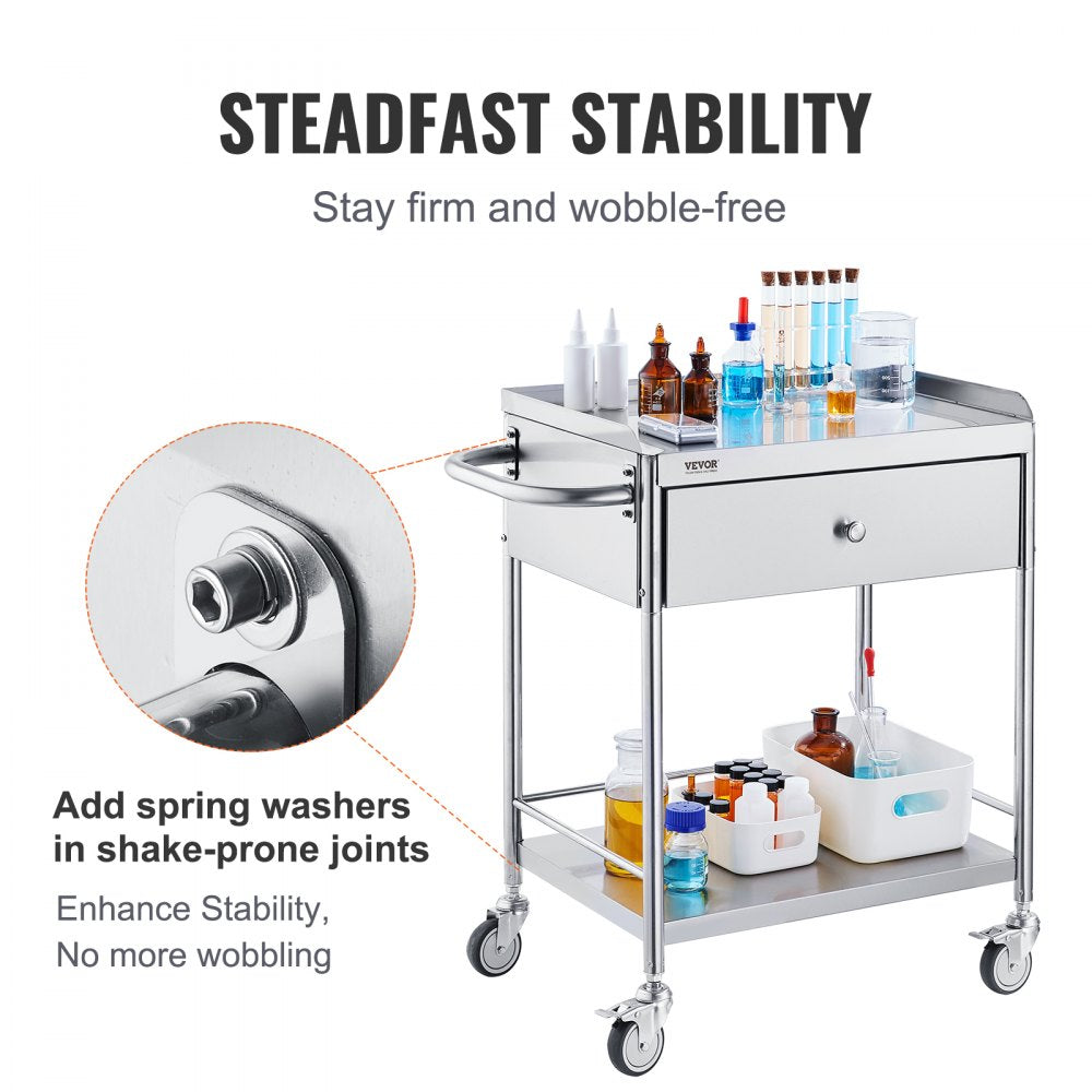  Medical Cart, 2-Layer Stainless Steel Cart 220 lbs Weight Capacity, Lab Utility Cart with 360° Silent Wheels and a Drawer for Lab, Clinic, Kitchen, Salon