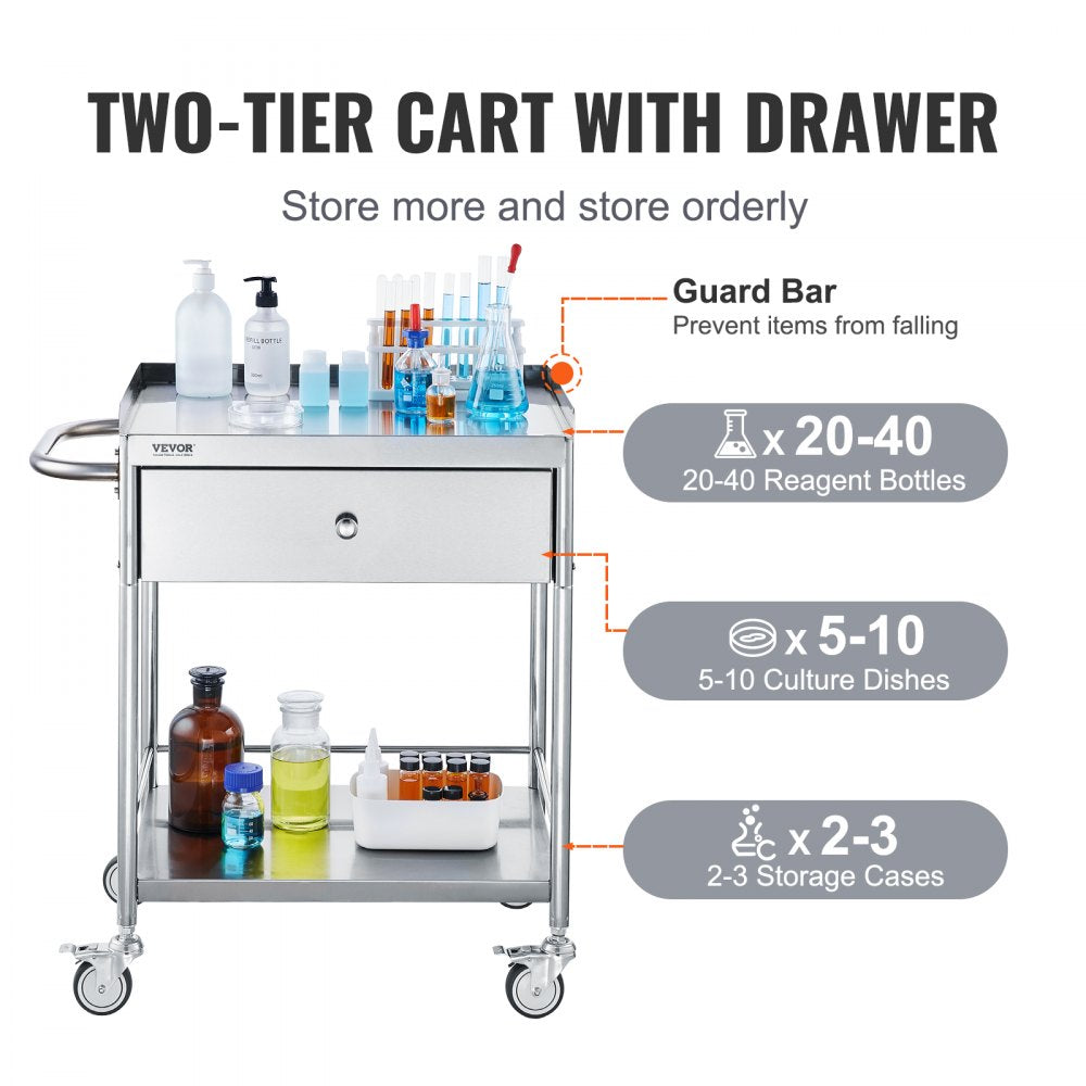  Medical Cart, 2-Layer Stainless Steel Cart 220 lbs Weight Capacity, Lab Utility Cart with 360° Silent Wheels and a Drawer for Lab, Clinic, Kitchen, Salon