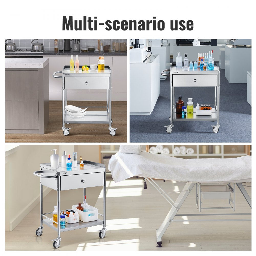  Medical Cart, 2-Layer Stainless Steel Cart 220 lbs Weight Capacity, Lab Utility Cart with 360° Silent Wheels and a Drawer for Lab, Clinic, Kitchen, Salon