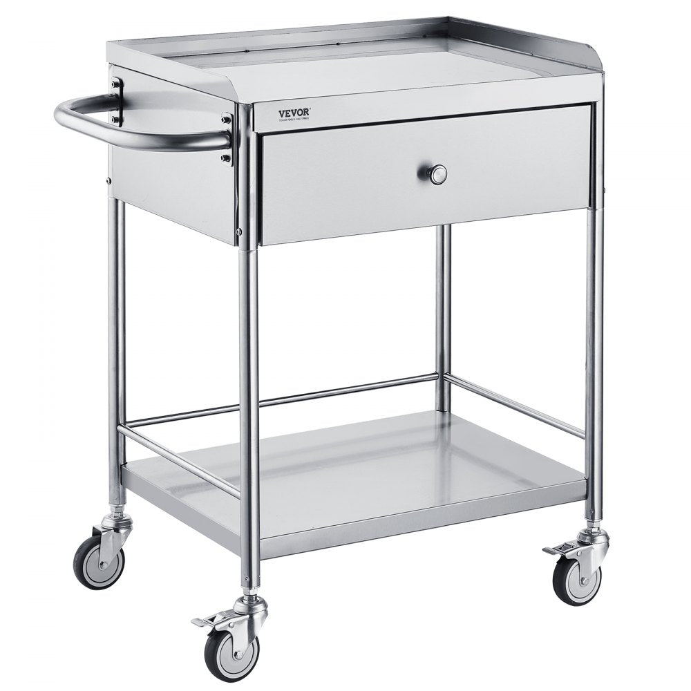  Medical Cart, 2-Layer Stainless Steel Cart 220 lbs Weight Capacity, Lab Utility Cart with 360° Silent Wheels and a Drawer for Lab, Clinic, Kitchen, Salon