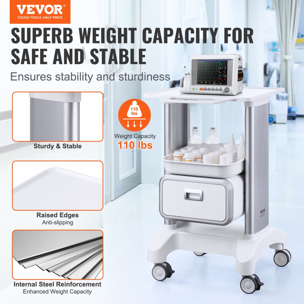 2 Tiers Lab Carts Mobile Medical Cart with 1 Drawer & 1 Top Tray White, Trolley Storage Cart with ABS Material, Lab Rolling Cart with 4 Silent Wheels for Lab, Clinic, Hospital, Salon, Office