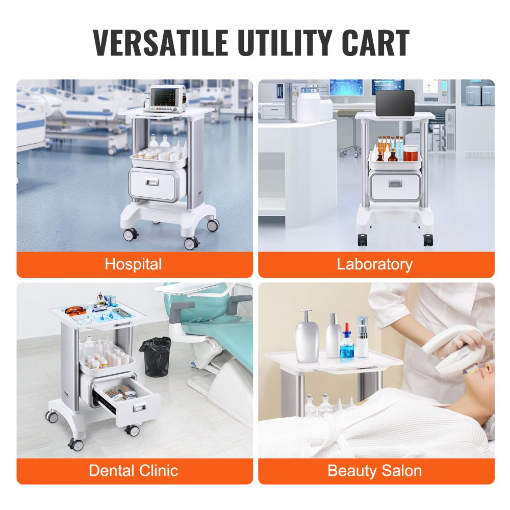 2 Tiers Lab Carts Mobile Medical Cart with 1 Drawer & 1 Top Tray White, Trolley Storage Cart with ABS Material, Lab Rolling Cart with 4 Silent Wheels for Lab, Clinic, Hospital, Salon, Office