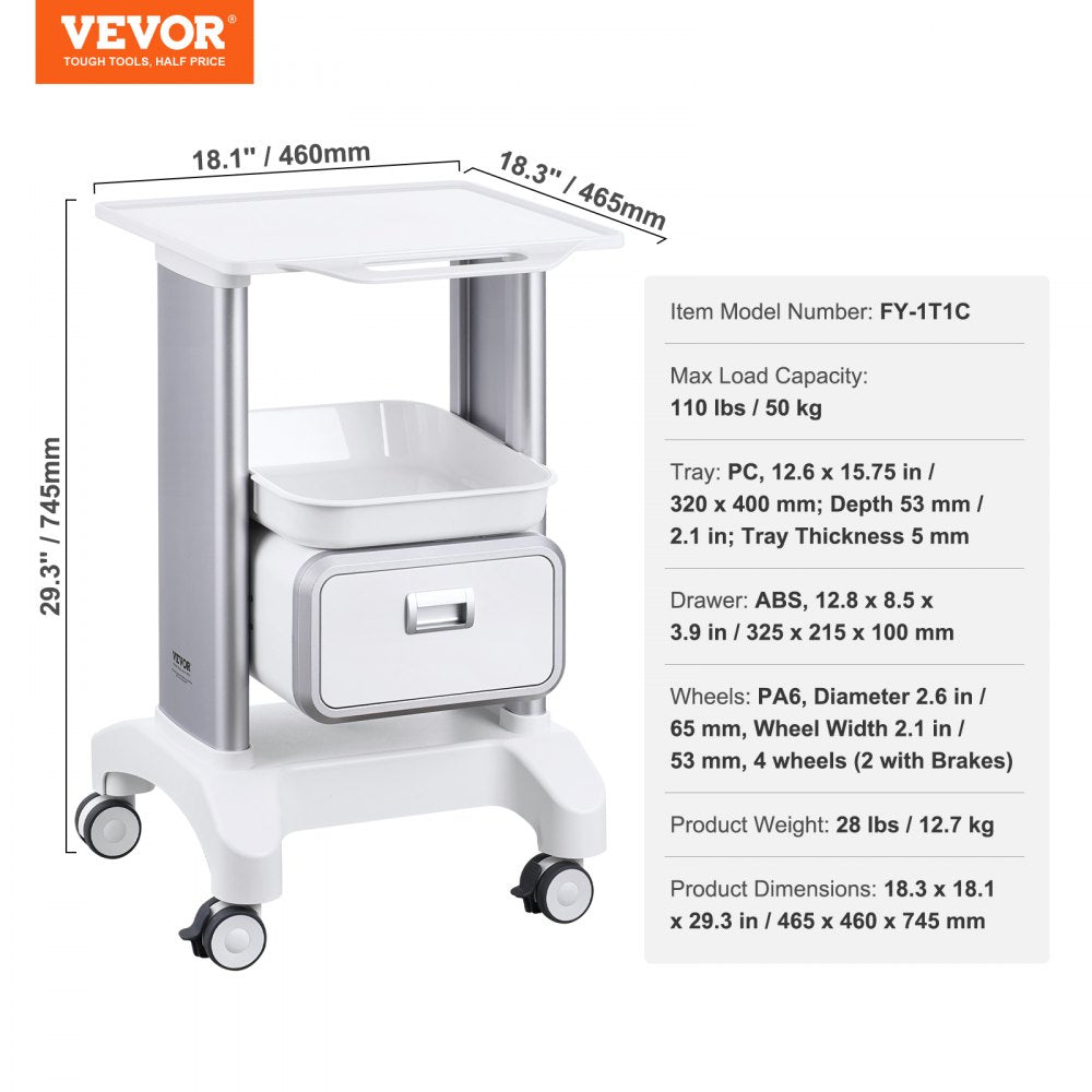 2 Tiers Lab Carts Mobile Medical Cart with 1 Drawer & 1 Top Tray White, Trolley Storage Cart with ABS Material, Lab Rolling Cart with 4 Silent Wheels for Lab, Clinic, Hospital, Salon, Office