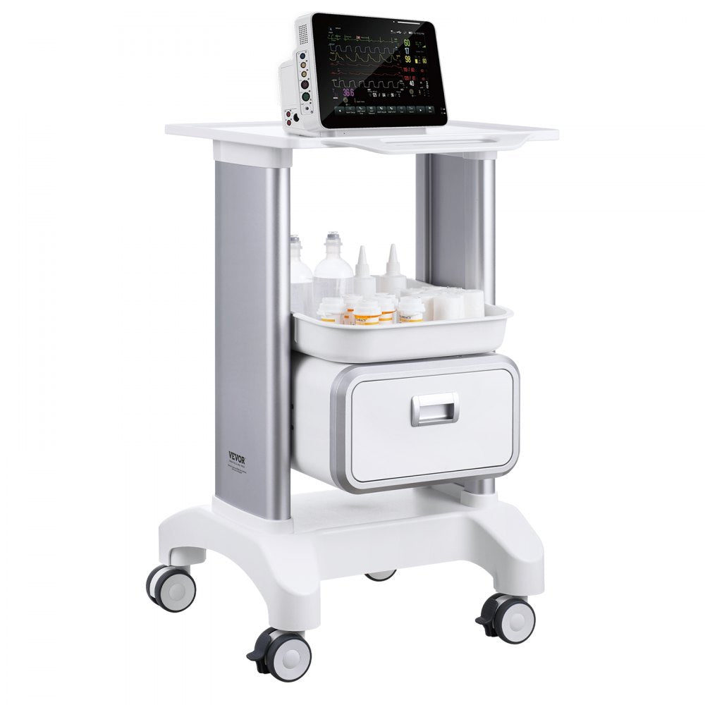 2 Tiers Lab Carts Mobile Medical Cart with 1 Drawer & 1 Top Tray White, Trolley Storage Cart with ABS Material, Lab Rolling Cart with 4 Silent Wheels for Lab, Clinic, Hospital, Salon, Office