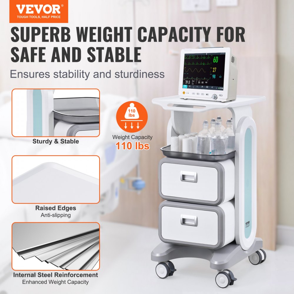 3 Tiers Lab Carts Mobile Medical Cart with 2 Drawers & 1 Top Tray White, Trolley Storage Cart with ABS Material, Lab Rolling Cart with 4 Silent Wheels for Lab, Clinic, Hospital, Salon, Office