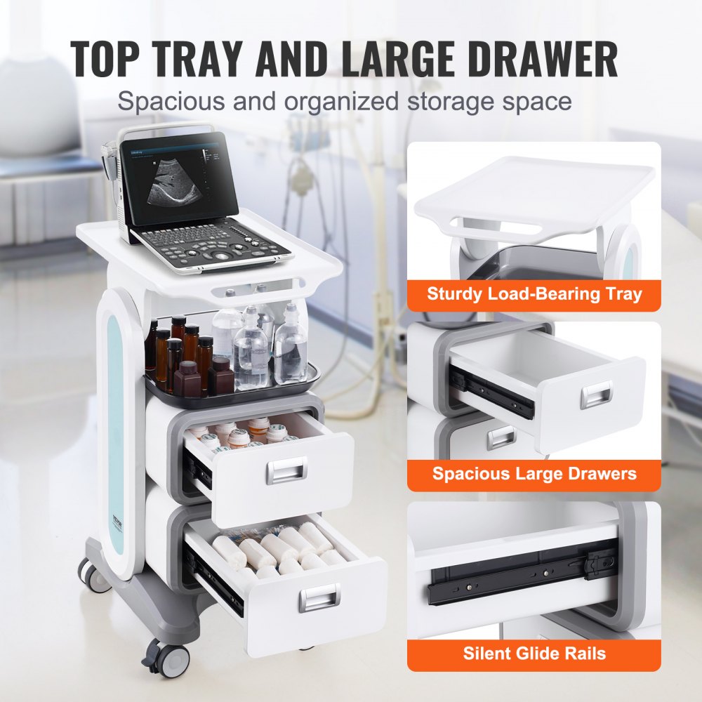 3 Tiers Lab Carts Mobile Medical Cart with 2 Drawers & 1 Top Tray White, Trolley Storage Cart with ABS Material, Lab Rolling Cart with 4 Silent Wheels for Lab, Clinic, Hospital, Salon, Office