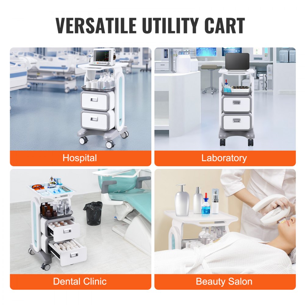 3 Tiers Lab Carts Mobile Medical Cart with 2 Drawers & 1 Top Tray White, Trolley Storage Cart with ABS Material, Lab Rolling Cart with 4 Silent Wheels for Lab, Clinic, Hospital, Salon, Office