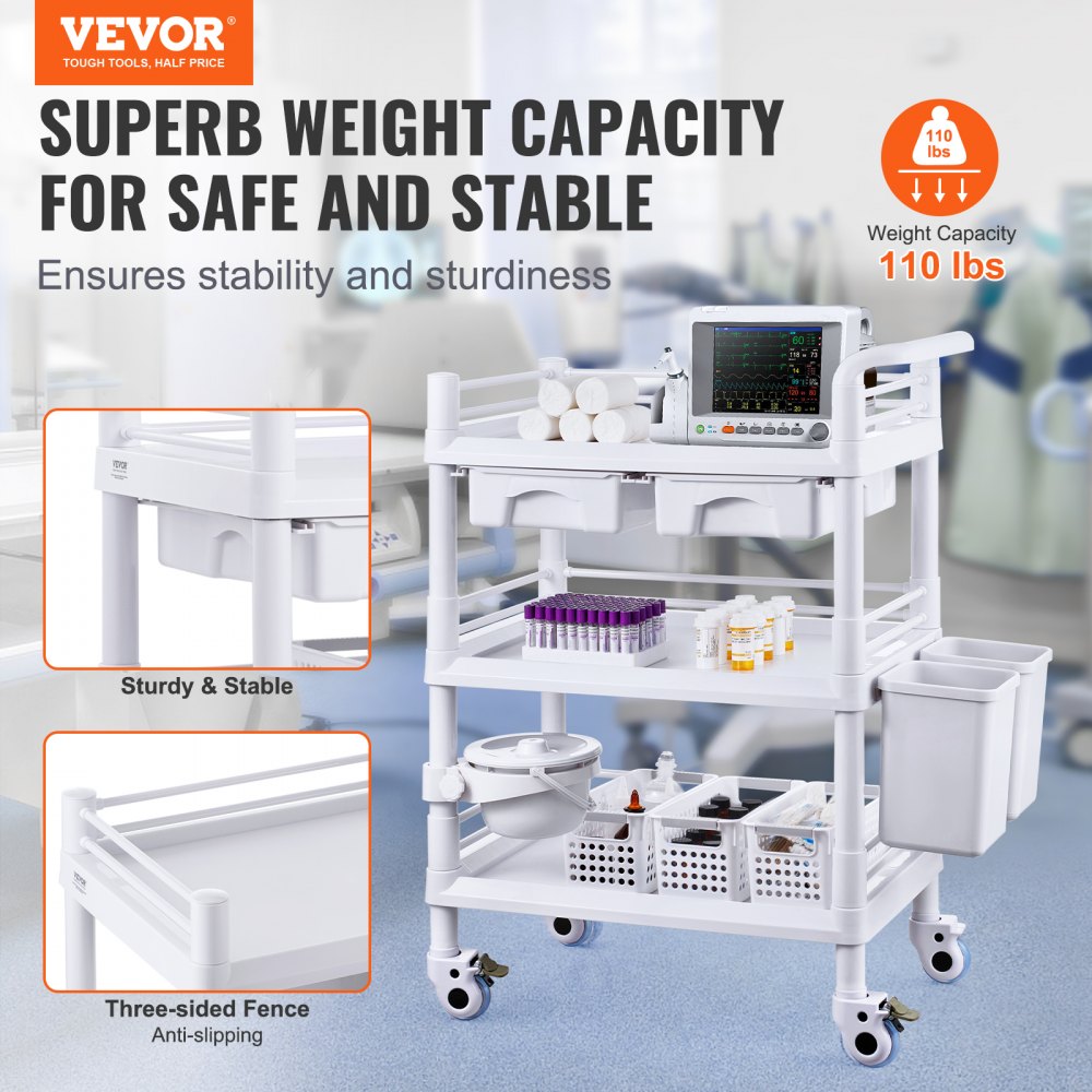 3 Tiers Lab Carts Mobile Medical Cart with 3 Trays & 3 Trash Cans White, Trolley Storage Cart with PP Material, Lab Rolling Cart with 4 Silent Wheels for Lab, Clinic, Hospital, Salon, Office