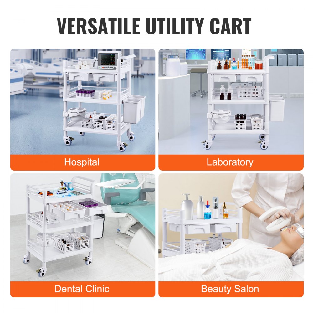 3 Tiers Lab Carts Mobile Medical Cart with 3 Trays & 3 Trash Cans White, Trolley Storage Cart with PP Material, Lab Rolling Cart with 4 Silent Wheels for Lab, Clinic, Hospital, Salon, Office