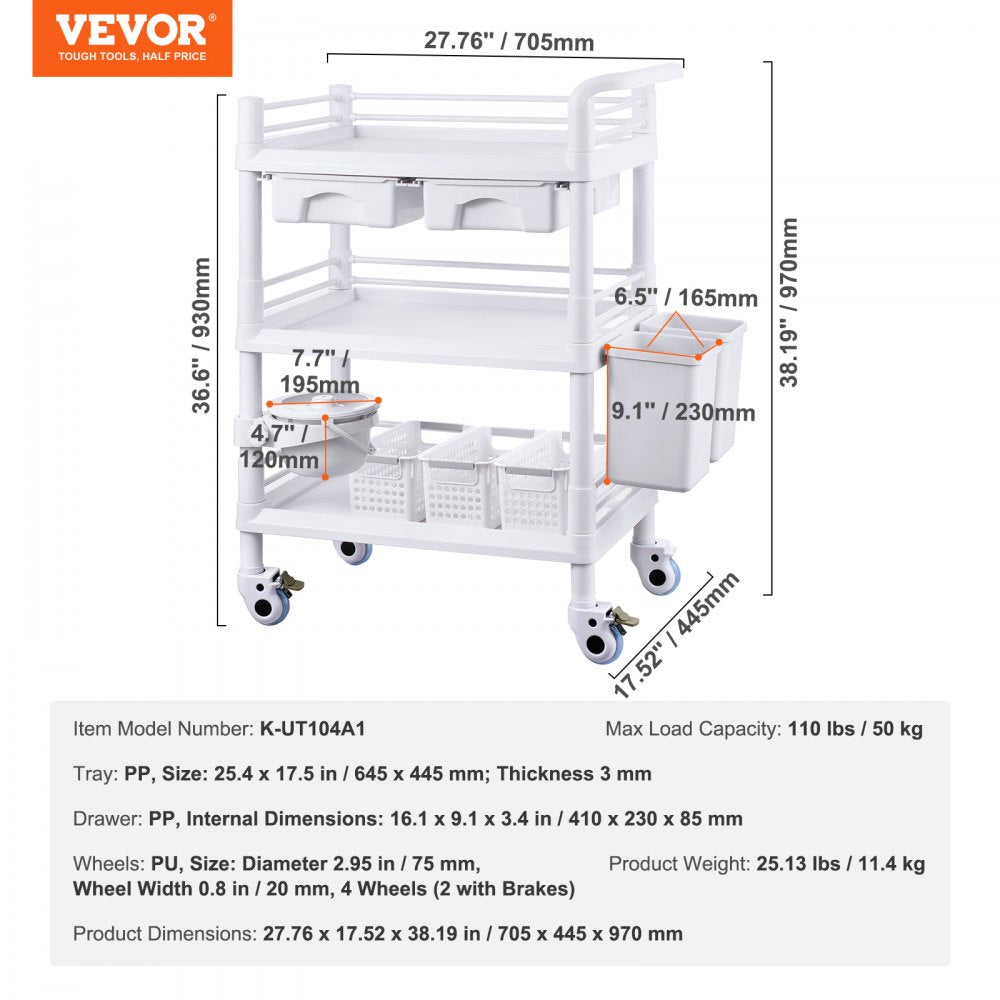 3 Tiers Lab Carts Mobile Medical Cart with 3 Trays & 3 Trash Cans White, Trolley Storage Cart with PP Material, Lab Rolling Cart with 4 Silent Wheels for Lab, Clinic, Hospital, Salon, Office
