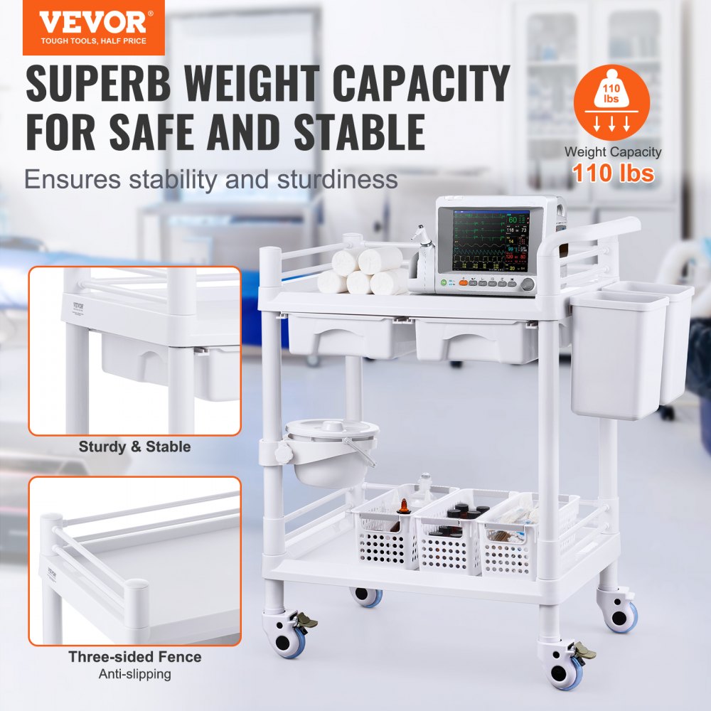 2 Tiers Lab Carts Mobile Medical Cart 2 Trays 2 Drawers 3 Trash Cans White, Trolley Storage Cart with PP Material, Lab Rolling Cart with 4 Silent Wheels for Lab, Clinic, Hospital, Salon, Office