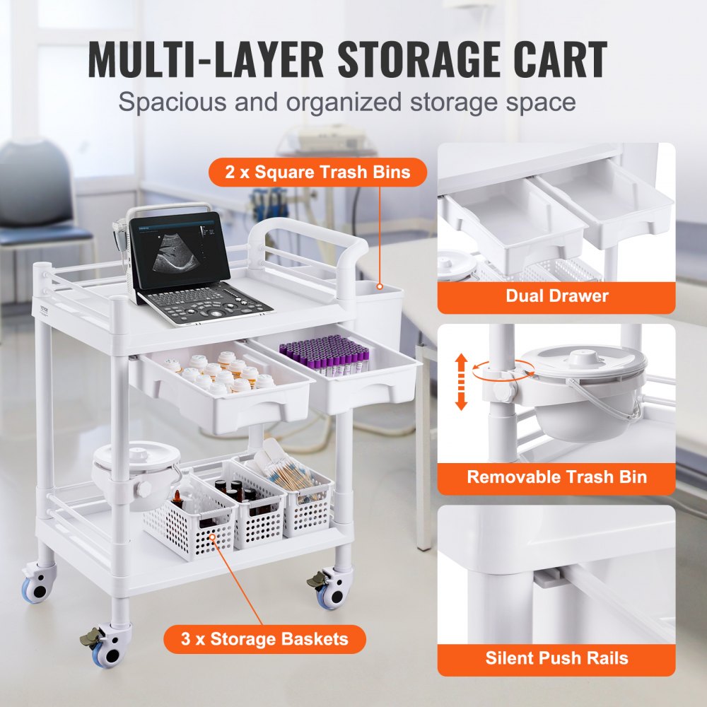 2 Tiers Lab Carts Mobile Medical Cart 2 Trays 2 Drawers 3 Trash Cans White, Trolley Storage Cart with PP Material, Lab Rolling Cart with 4 Silent Wheels for Lab, Clinic, Hospital, Salon, Office