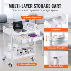 2 Tiers Lab Carts Mobile Medical Cart 2 Trays 2 Drawers 3 Trash Cans White, Trolley Storage Cart with PP Material, Lab Rolling Cart with 4 Silent Wheels for Lab, Clinic, Hospital, Salon, Office