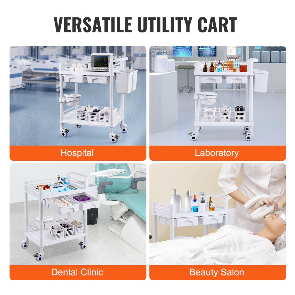2 Tiers Lab Carts Mobile Medical Cart 2 Trays 2 Drawers 3 Trash Cans White, Trolley Storage Cart with PP Material, Lab Rolling Cart with 4 Silent Wheels for Lab, Clinic, Hospital, Salon, Office