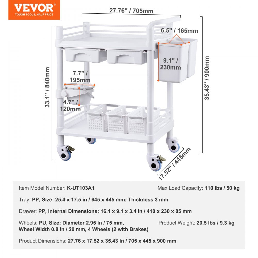 2 Tiers Lab Carts Mobile Medical Cart 2 Trays 2 Drawers 3 Trash Cans White, Trolley Storage Cart with PP Material, Lab Rolling Cart with 4 Silent Wheels for Lab, Clinic, Hospital, Salon, Office