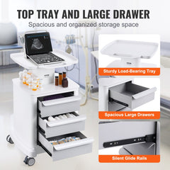 4 Tiers Lab Carts Mobile Medical Cart with 3 Drawers & 1 Top Tray White, Trolley Storage Cart with ABS Material, Lab Rolling Cart with 4 Silent Wheels for Lab, Clinic, Hospital, Salon, Office