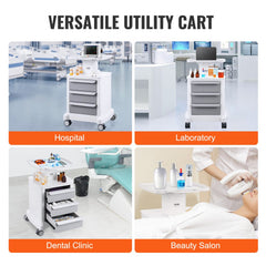 4 Tiers Lab Carts Mobile Medical Cart with 3 Drawers & 1 Top Tray White, Trolley Storage Cart with ABS Material, Lab Rolling Cart with 4 Silent Wheels for Lab, Clinic, Hospital, Salon, Office