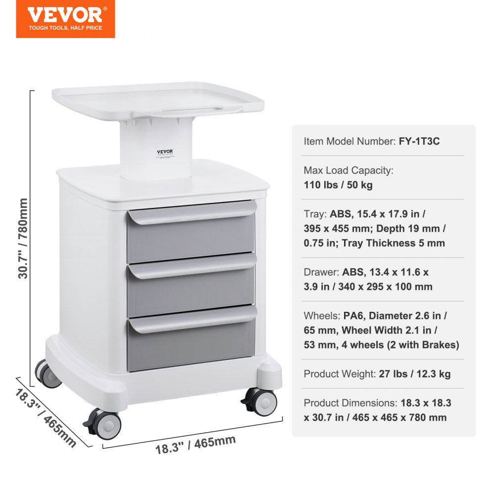 4 Tiers Lab Carts Mobile Medical Cart with 3 Drawers & 1 Top Tray White, Trolley Storage Cart with ABS Material, Lab Rolling Cart with 4 Silent Wheels for Lab, Clinic, Hospital, Salon, Office