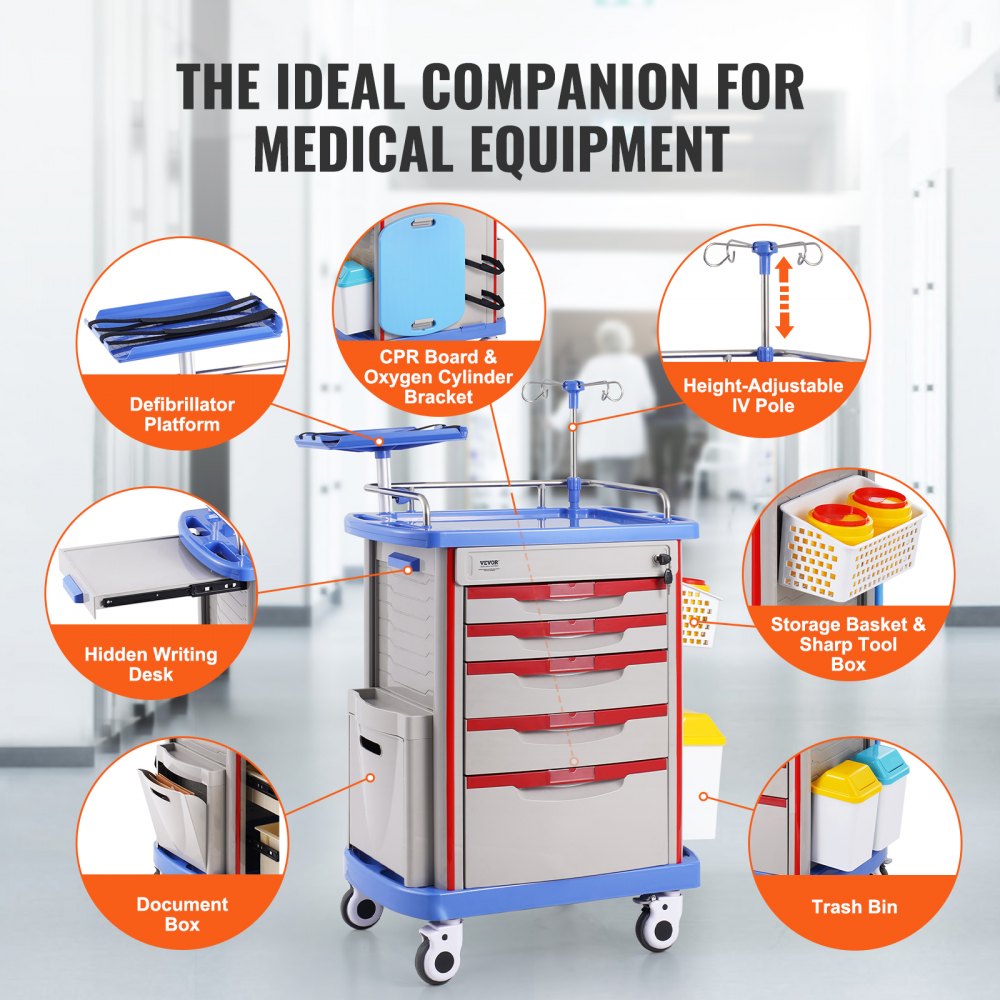 5 Tiers Lab Carts Mobile Medical Cart with 5 Drawers & 2 Trash Cans Blue, Trolley Storage Cart with PP Material, Lab Rolling Cart with 4 Silent Wheels for Lab, Clinic, Hospital, Salon, Office, Bule