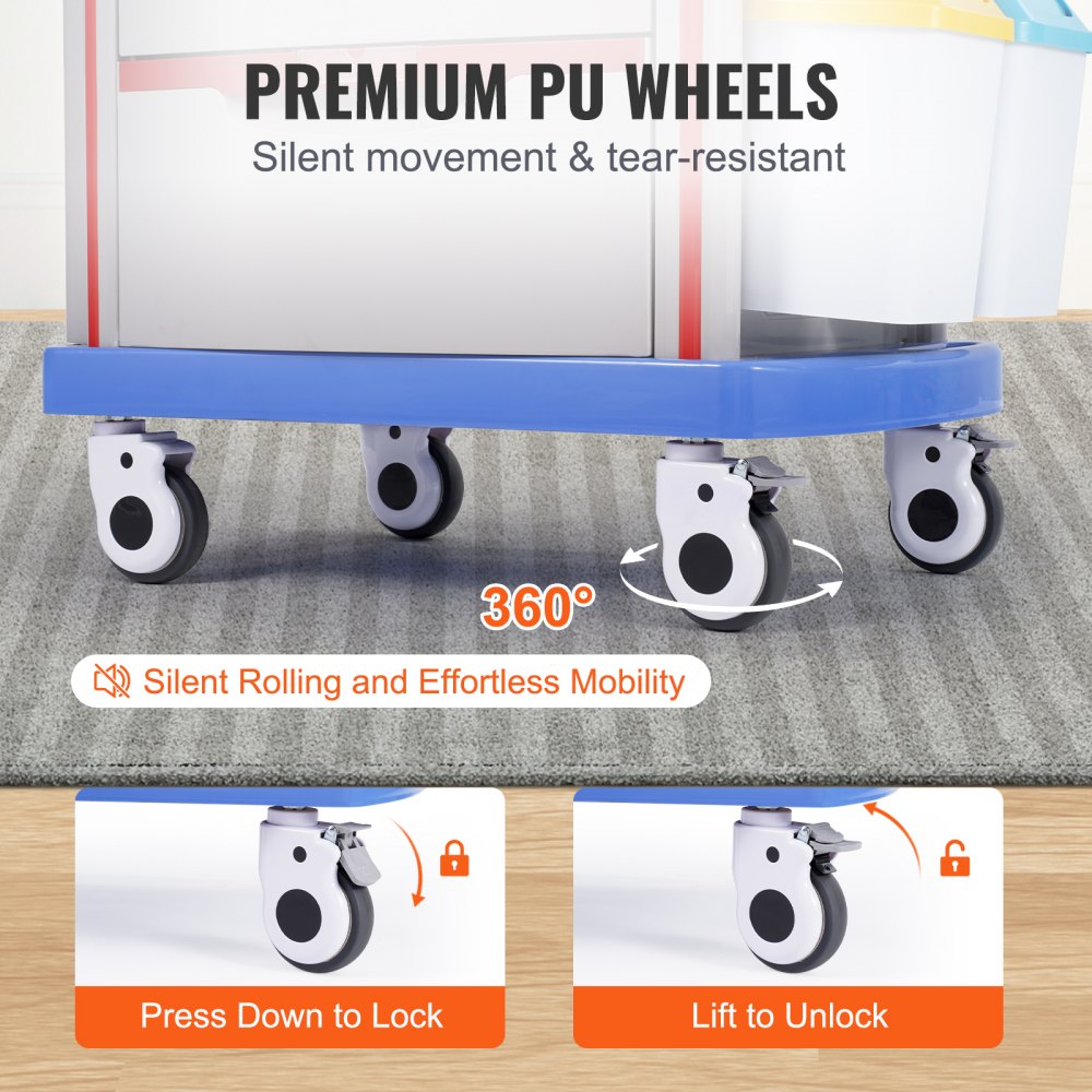 5 Tiers Lab Carts Mobile Medical Cart with 5 Drawers & 2 Trash Cans Blue, Trolley Storage Cart with PP Material, Lab Rolling Cart with 4 Silent Wheels for Lab, Clinic, Hospital, Salon, Office, Bule