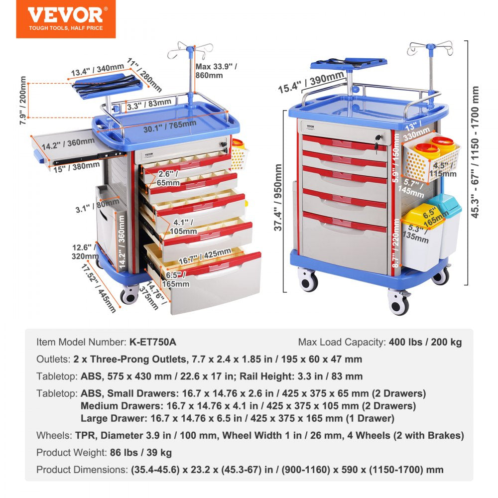 5 Tiers Lab Carts Mobile Medical Cart with 5 Drawers & 2 Trash Cans Blue, Trolley Storage Cart with PP Material, Lab Rolling Cart with 4 Silent Wheels for Lab, Clinic, Hospital, Salon, Office, Bule